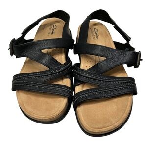 Clarks Collection Womens Brynn Ave Black Leather Strappy Comfort Sandals 9 W
